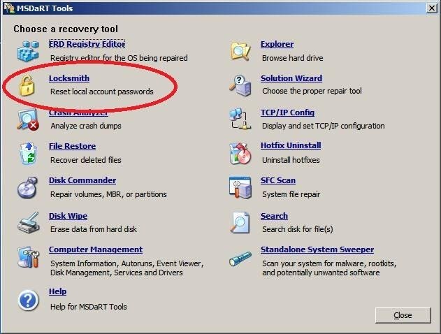 MS DaRT for Windows Vista and Windows 7 – Locksmith